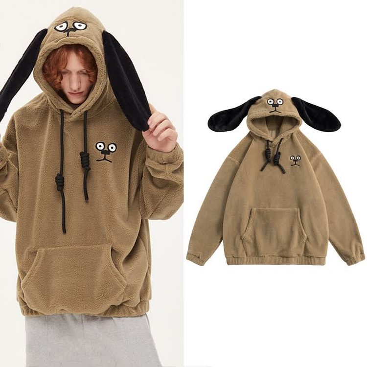 Puppy Embroidery Loose Plush Hoodie