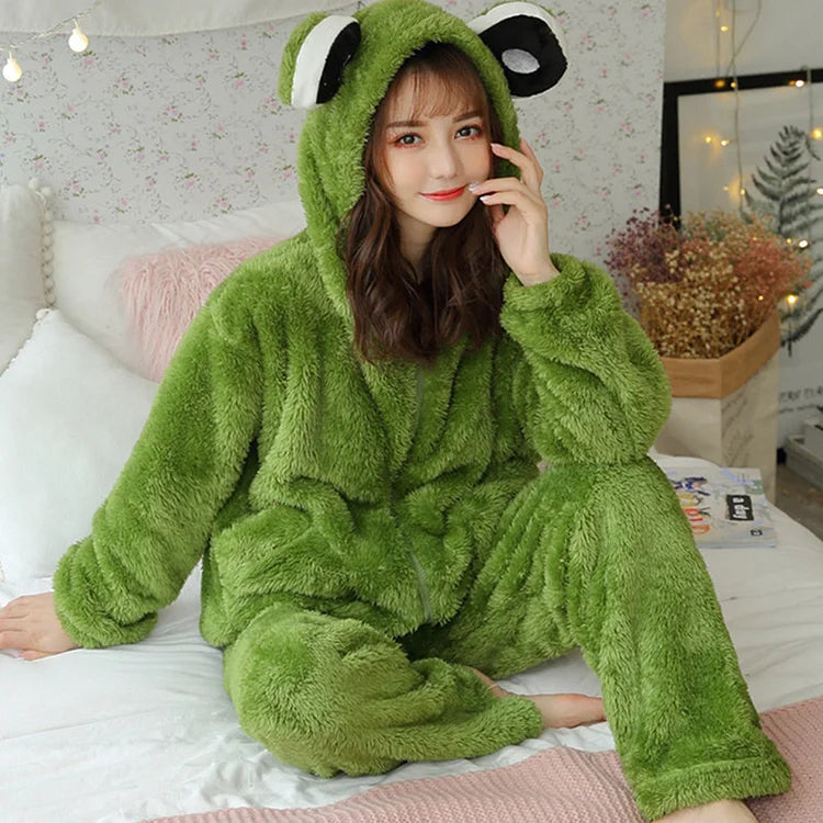 Frog Ears Hooded Plush Pajamas Set