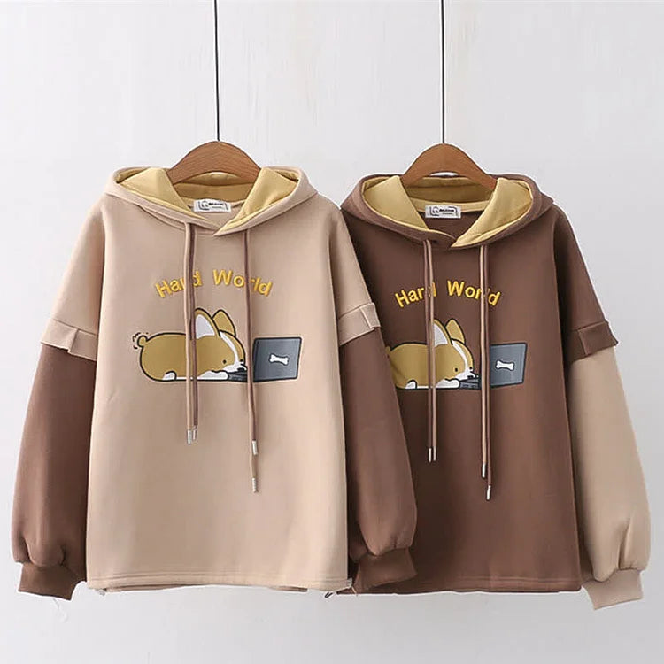 Cartoon Puppy Letter Embroidery Plush Hoodie