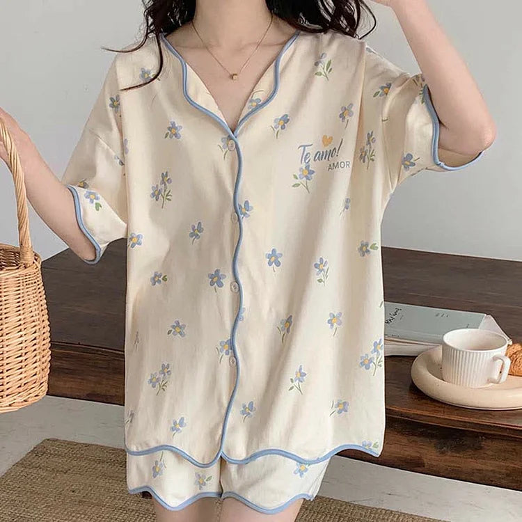 Floral Print Summer Cotton Home Pajamas Set