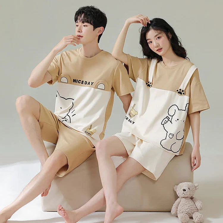 Bear Bunny Print Summer Cotton Pajamas Set