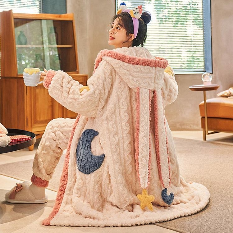 Lovely Bunny Ear Moon Stars Plush Hooded Pajamas Set