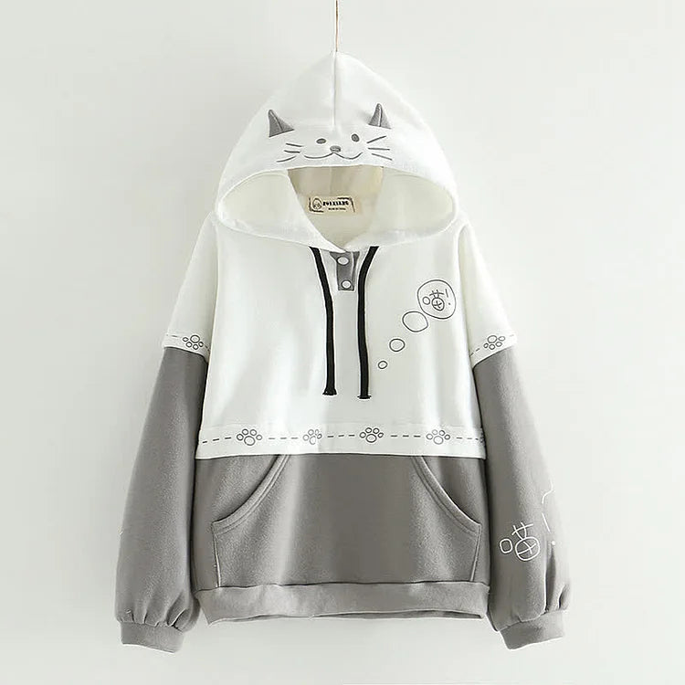 Cartoon Kitty Embroidery Plush Hoodie